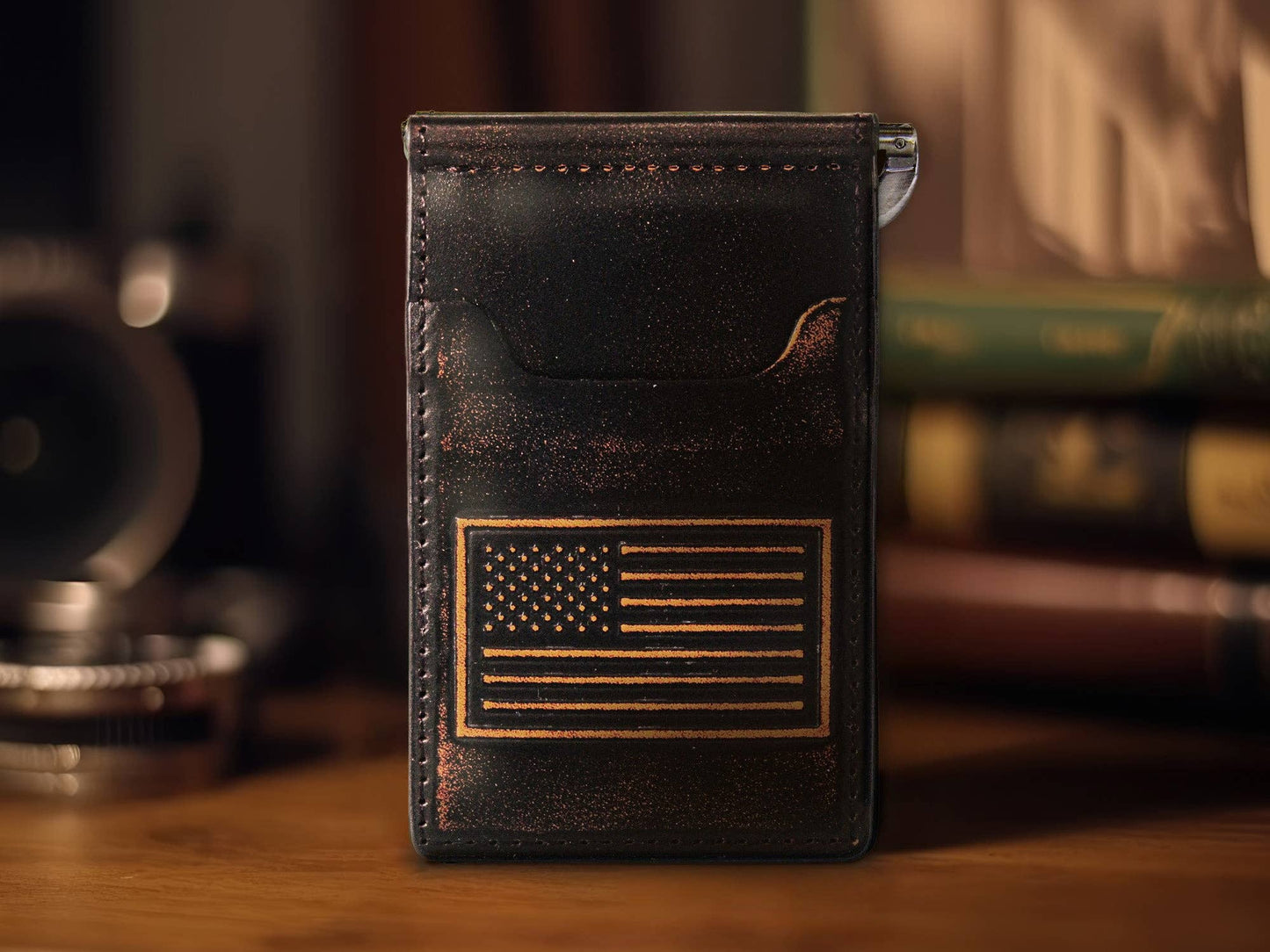 American Flag Burnished Leather Zep Front Pocket Clip Wallet