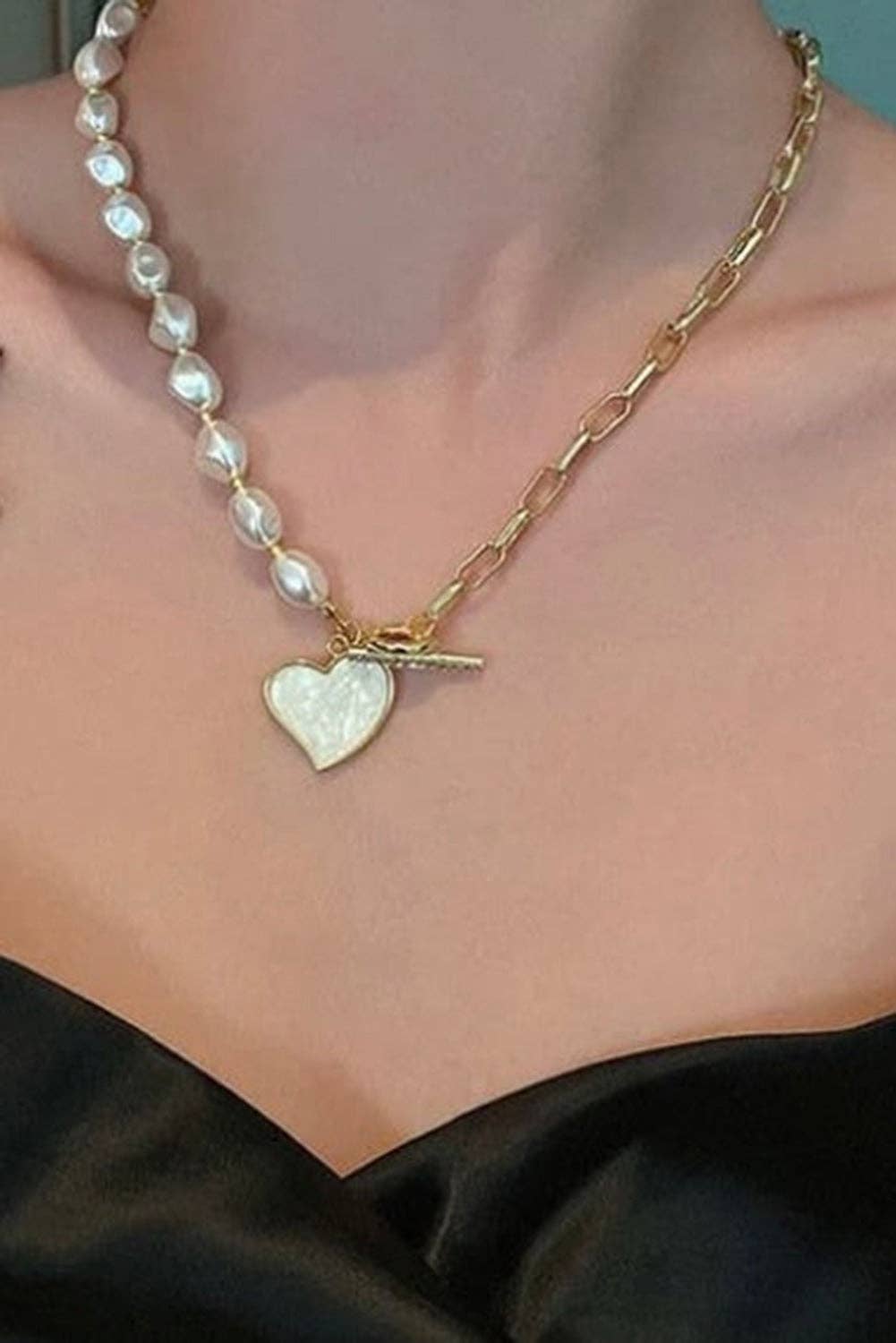 Heart Pendant Rhinestone Pearl Necklace  Liam & Company