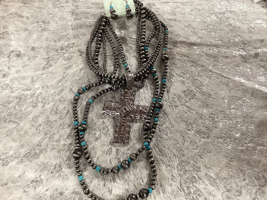 Silver cross necklace with turquoise