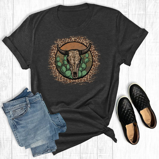 Leopard Western Cow Skull: Charcoal Short Sleeve