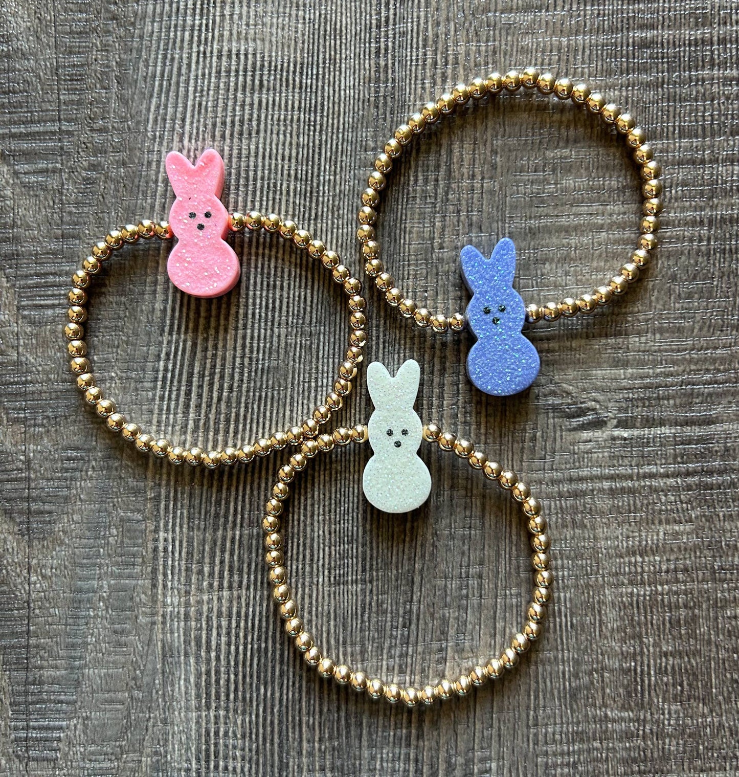 Easter Gold Bead Bracelet with Bunny Accent Bead: JInk Fl/ Tx