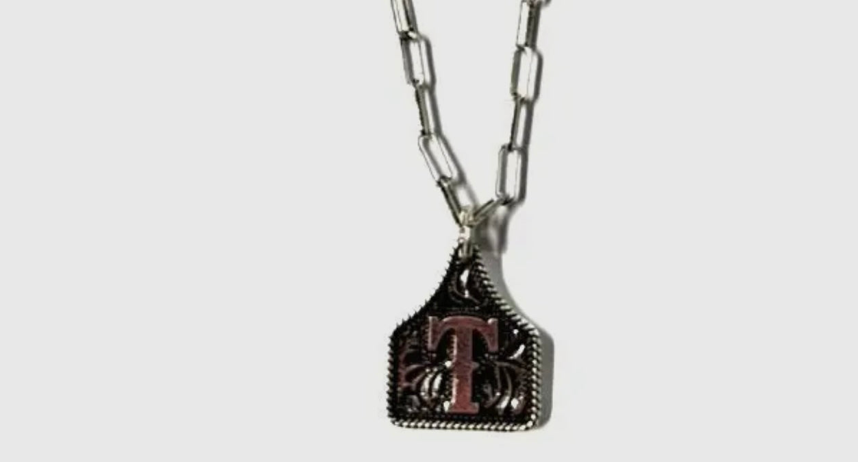 Tooled Cattle Tag Initial necklace