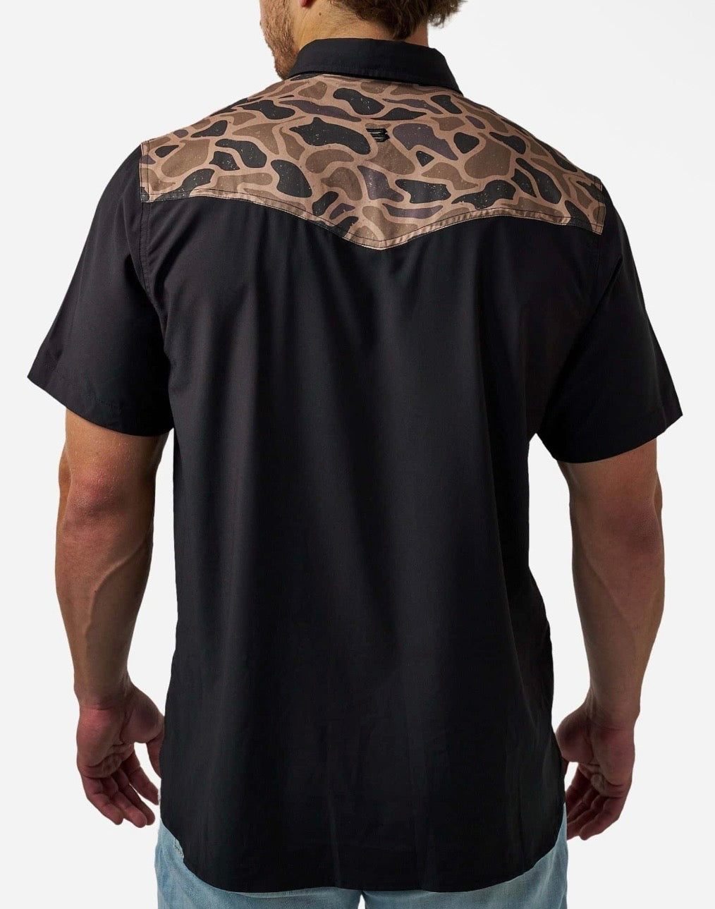 Deer SZN Burlebo Black/Gauge Camo Performance Western Shirt with Pearl Snaps Tx/Fl PWS-DRSZN