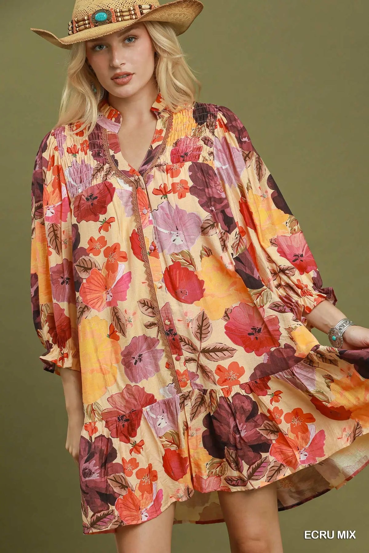 The Rachel Floral Smocked Yoke Button Front Mini Dress Umgee