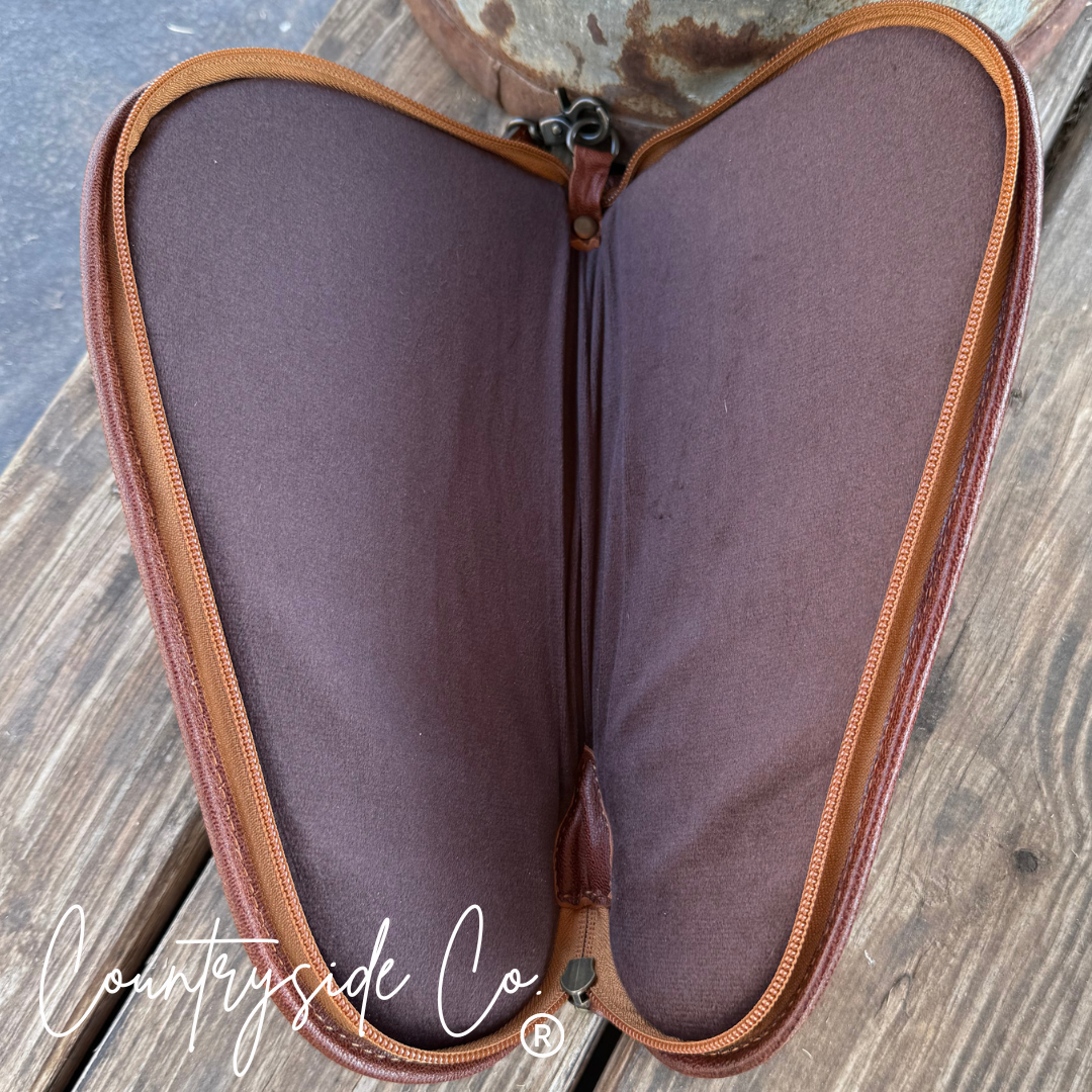 Hand Painted Tooled Leather and Cowhide Carry Case countryside