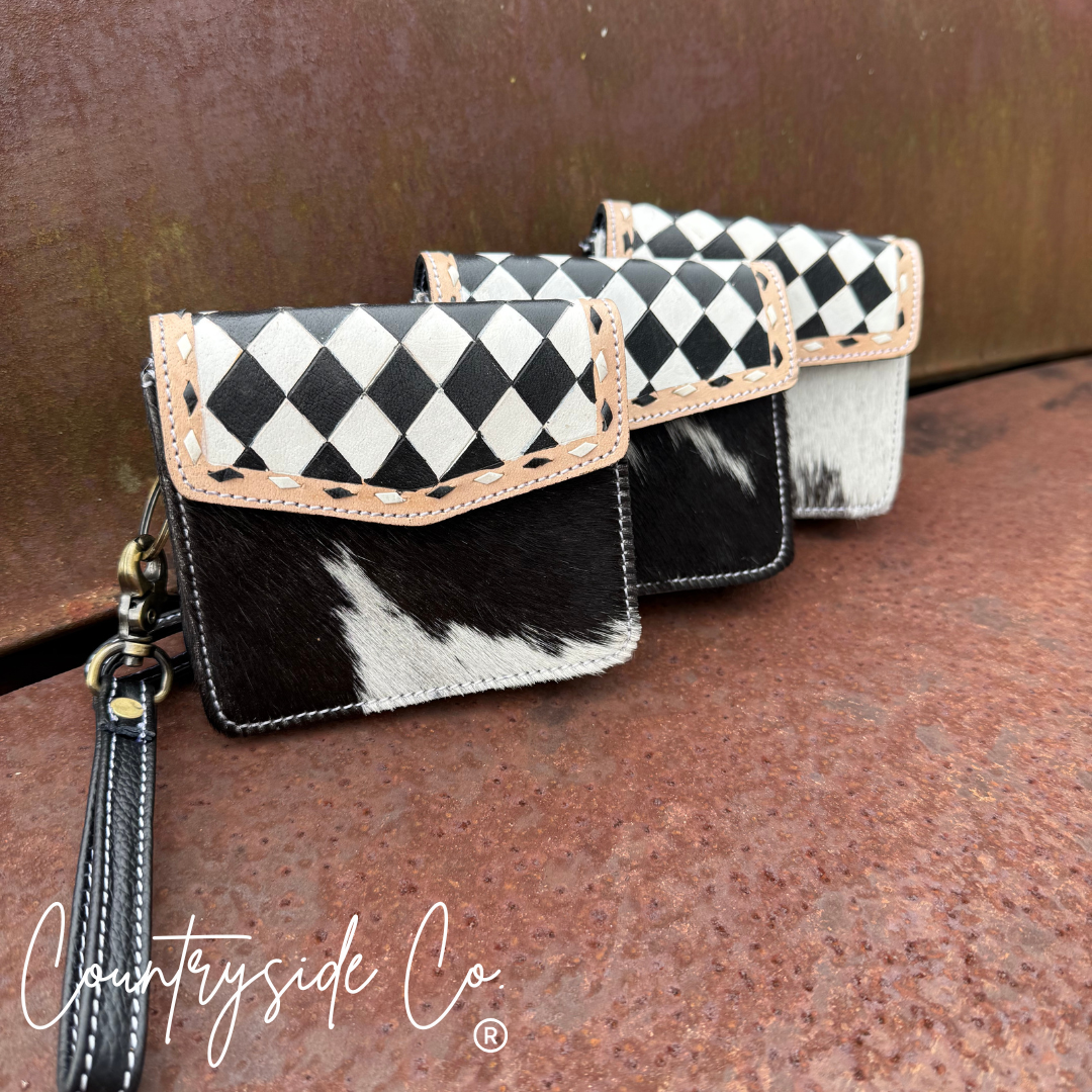 Cassy Checkered Leather Wallet Wristlet Texas Western Cowhide
