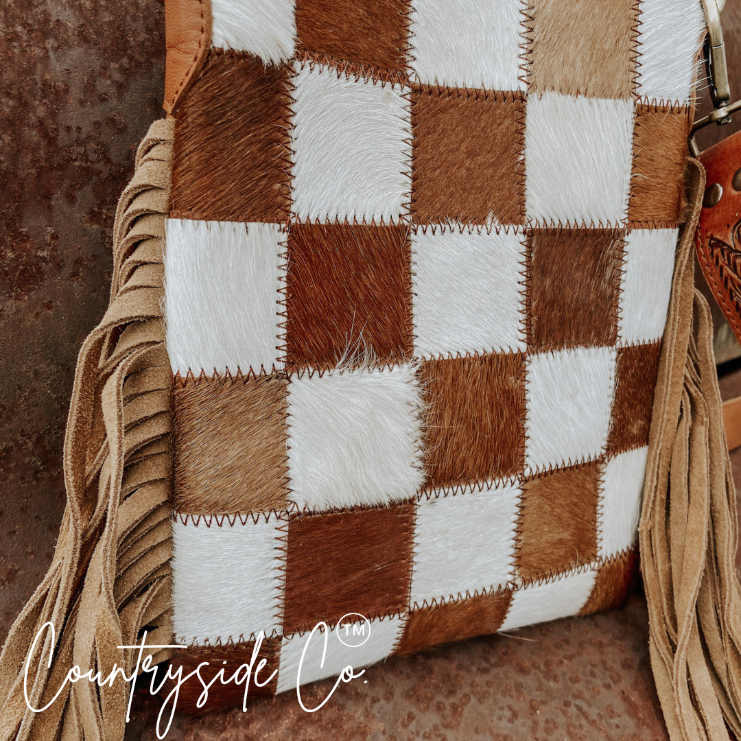 Stockdale Checkered Cowhide Fringe Purse, Brown & White Texas Western Cowhide