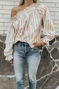 Stripe Print Frilled Elastic Off Shoulder Top: Full Time Purchase