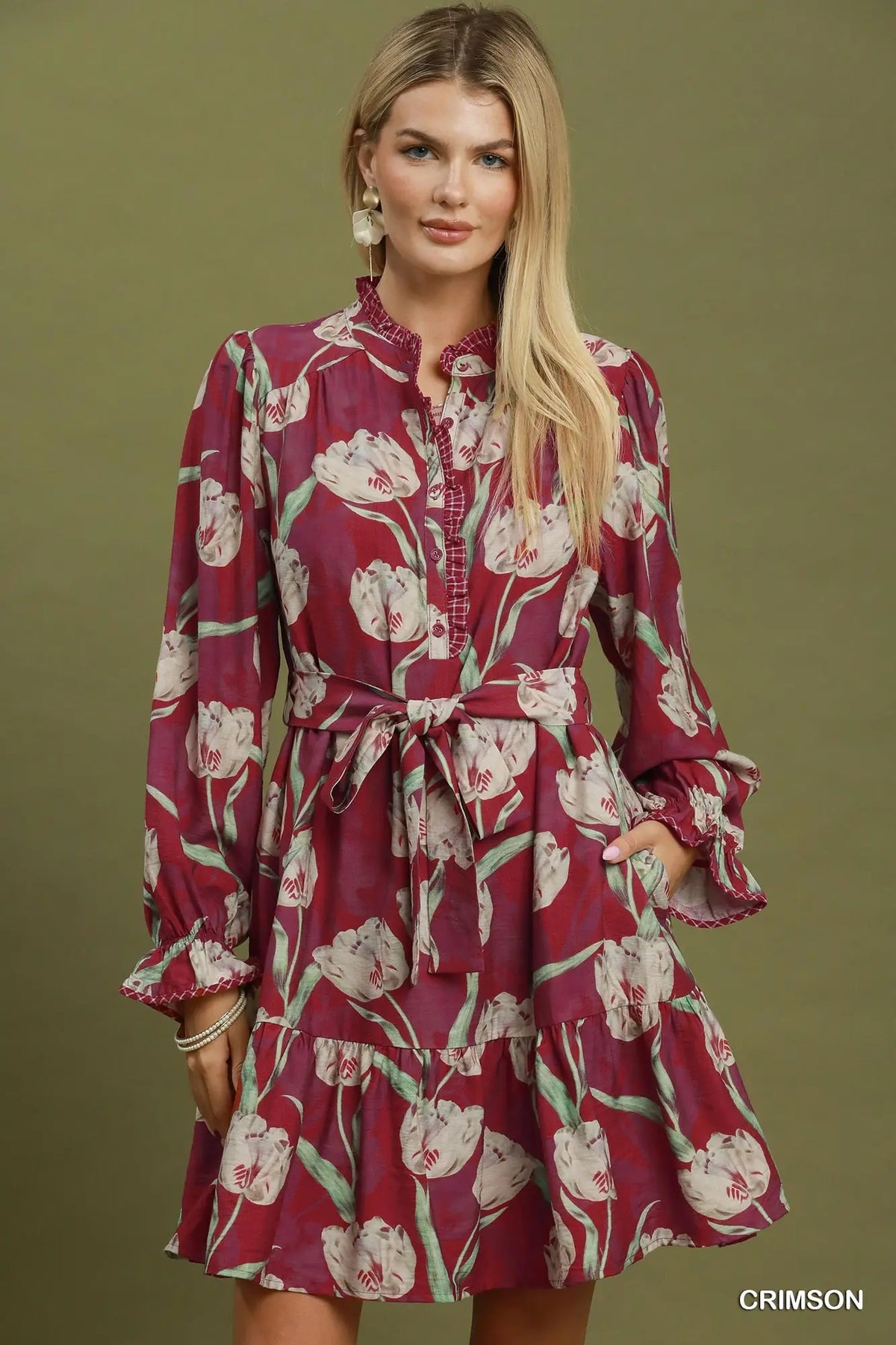 The Kaitley Crimson Tulip Floral Belted Mini Dress Umgee