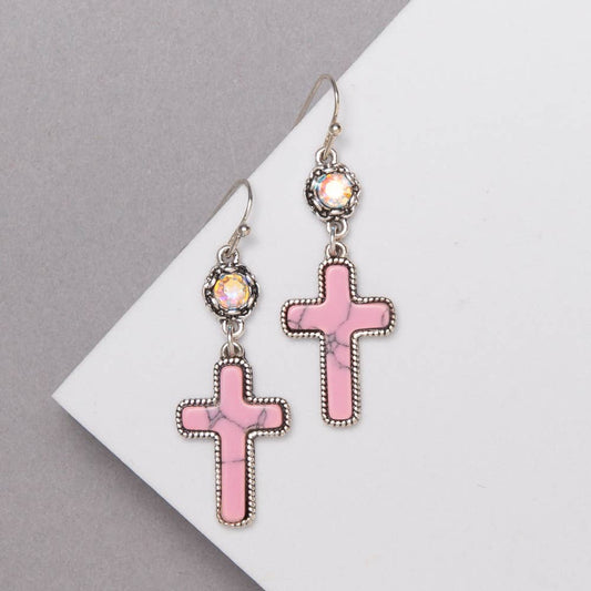 Western Stone Dangled Cross Earrings: Pink or Turquoise