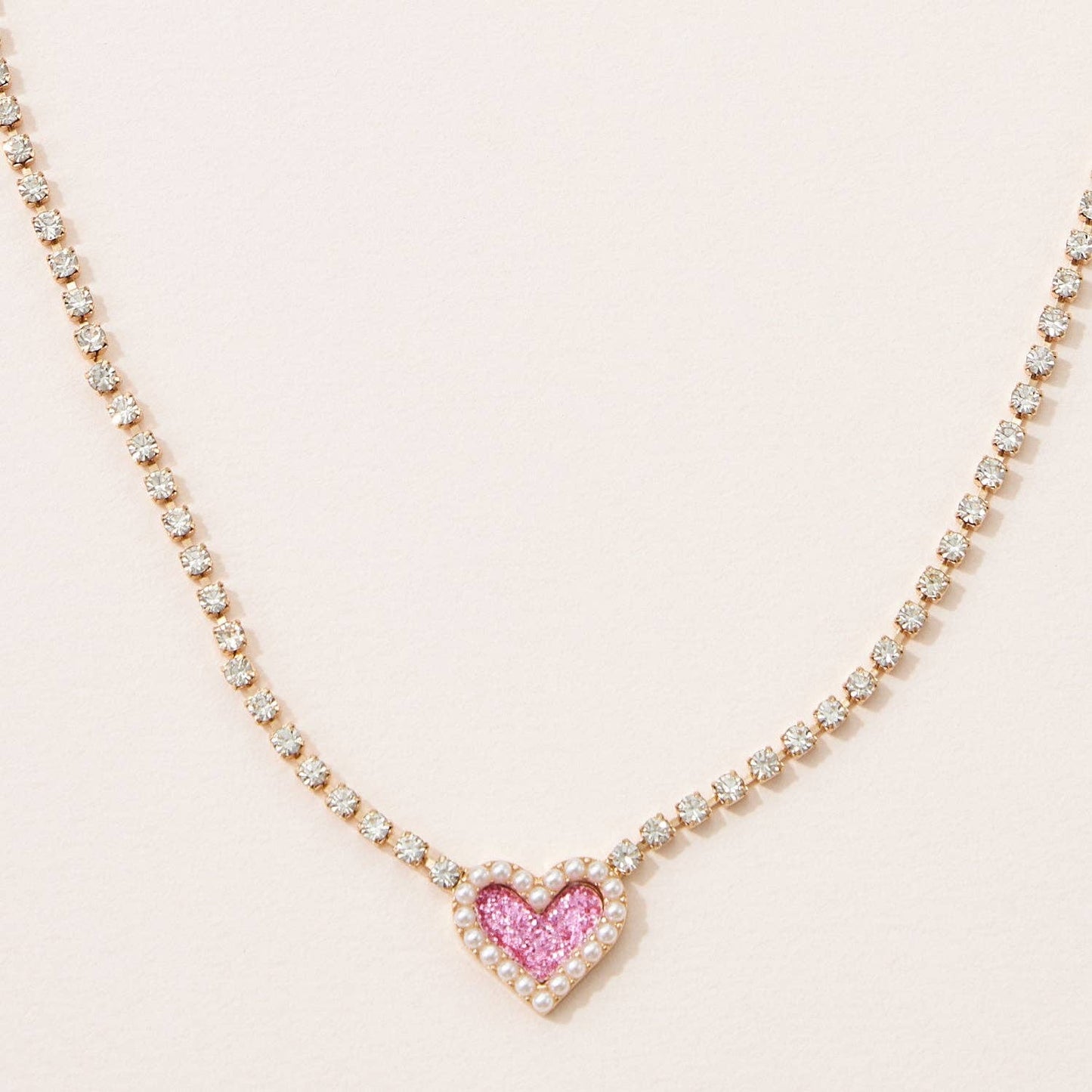 Heart Pendant Necklace with Clear Stone Line for Valentine's Day: Pink