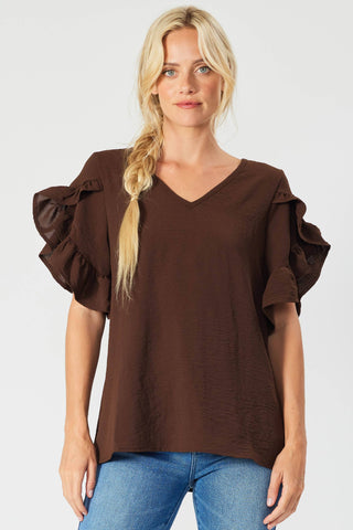 ST2407 - RUFFLED TULIP SLEEVE V NECK TOP: BROWN  FSL Apparel