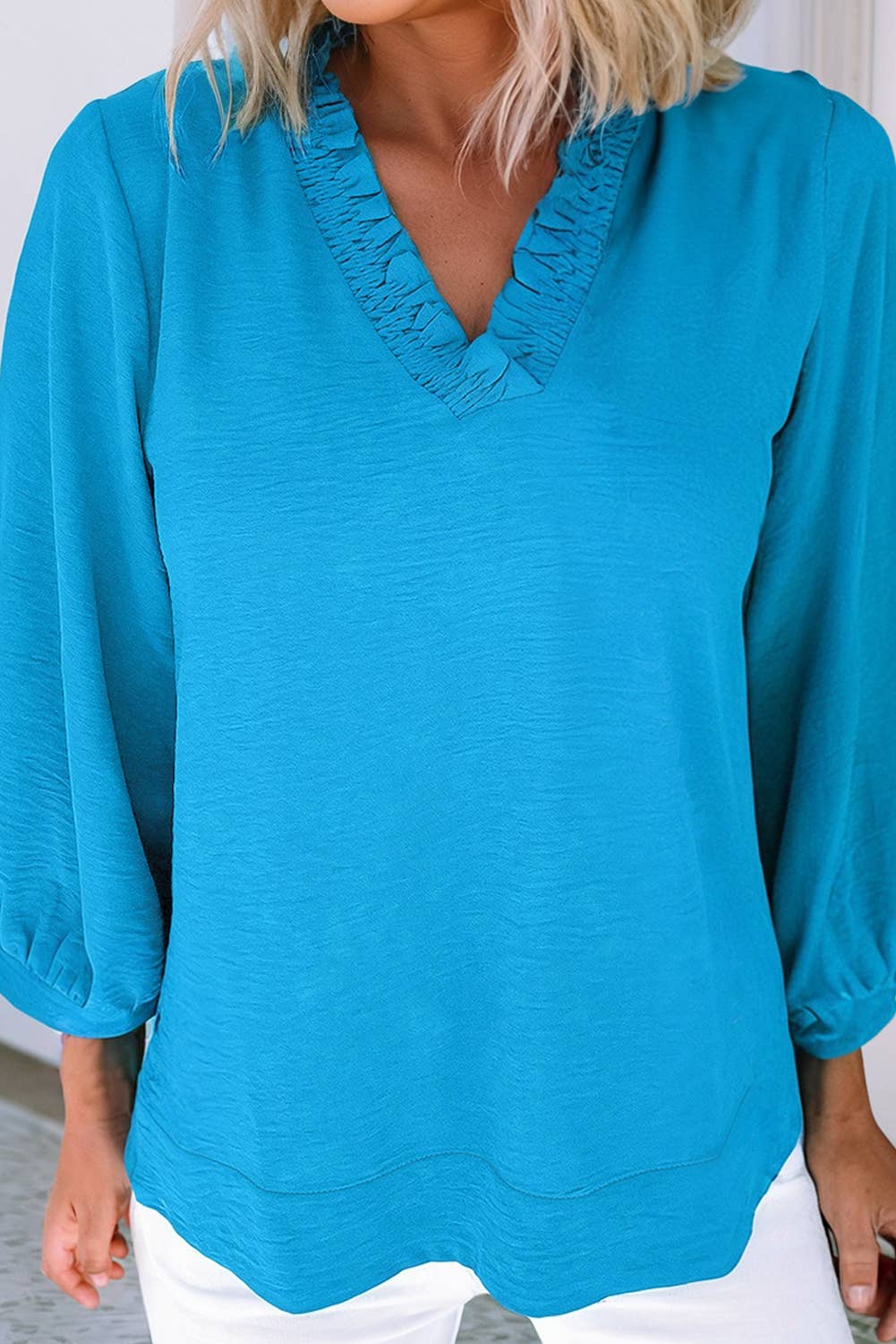 LDC Frilled V Neckline Bracelet Sleeve Crinkled Blouse: Moonlight Jade / S
