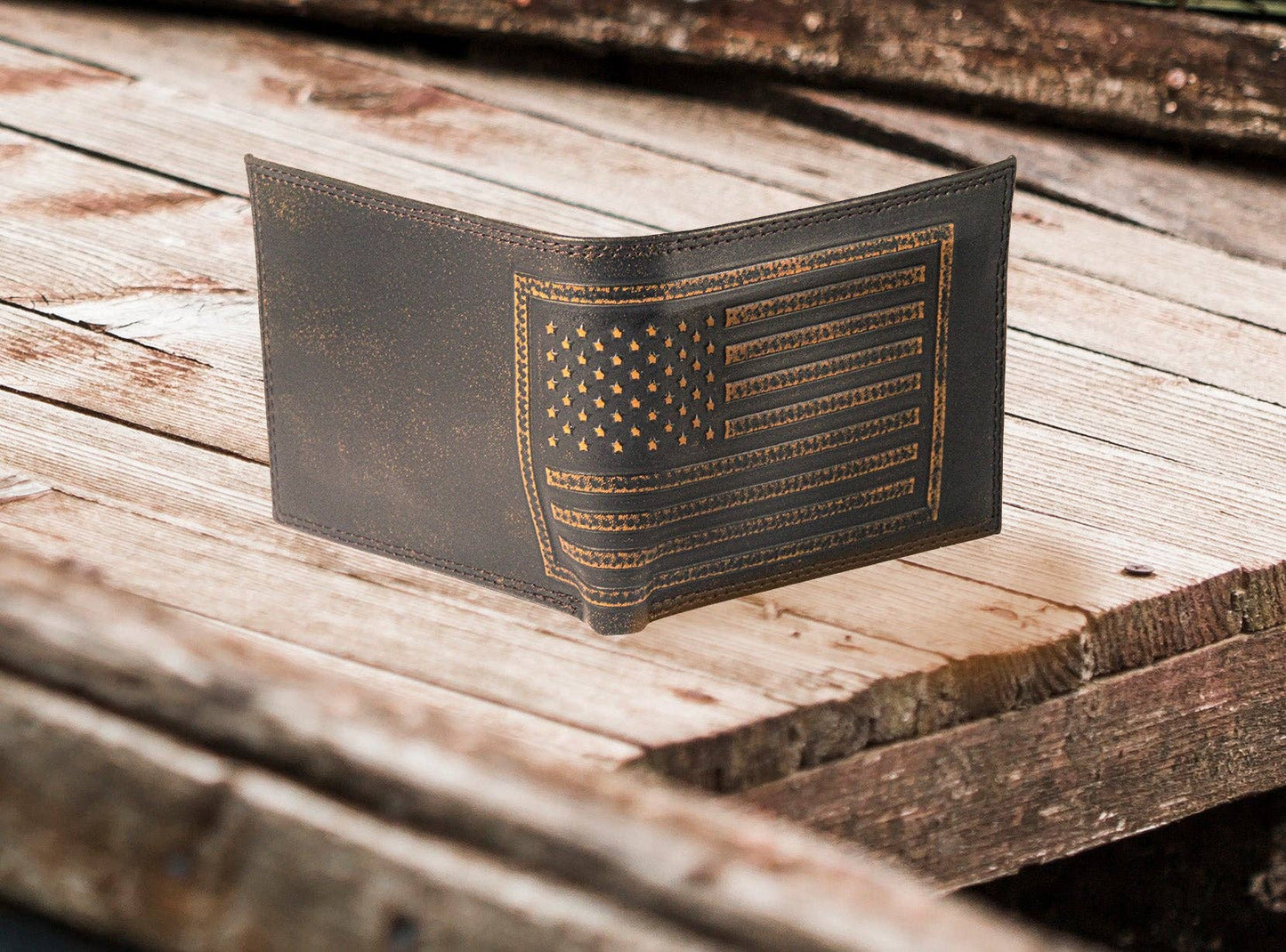 American Flag Burnished Leather Zep Bifold Wallet