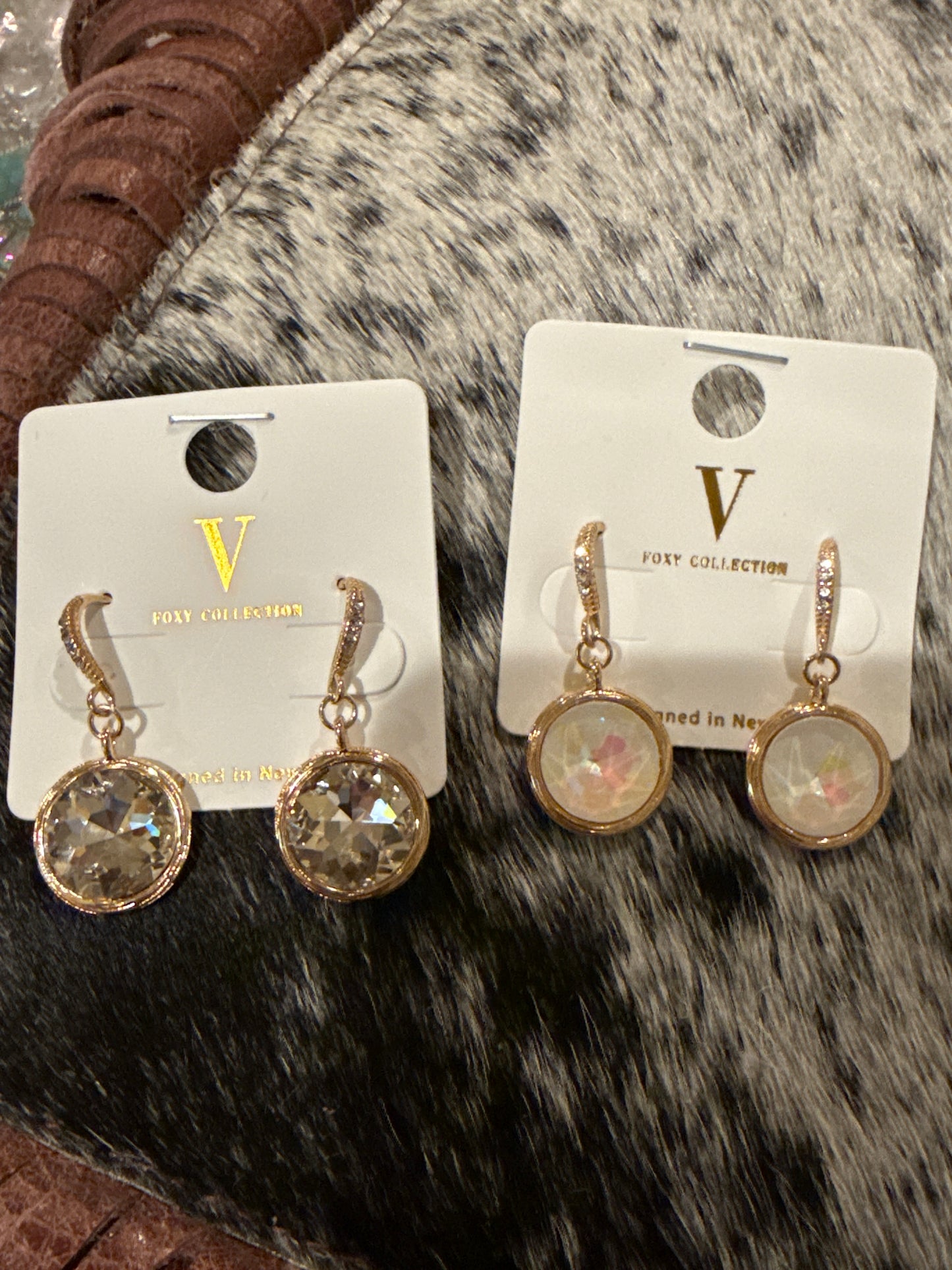 Round Dangle V Foxy Earrings Crystal or Iridescent