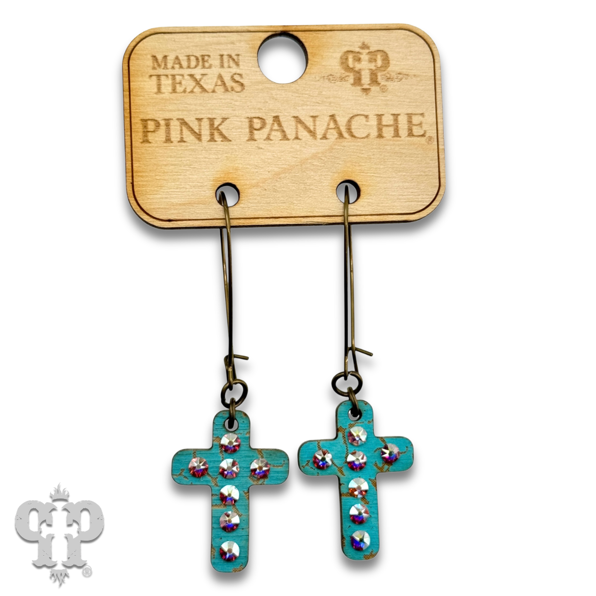 Mini wood cross earring with Austrian crystals: Turquoise