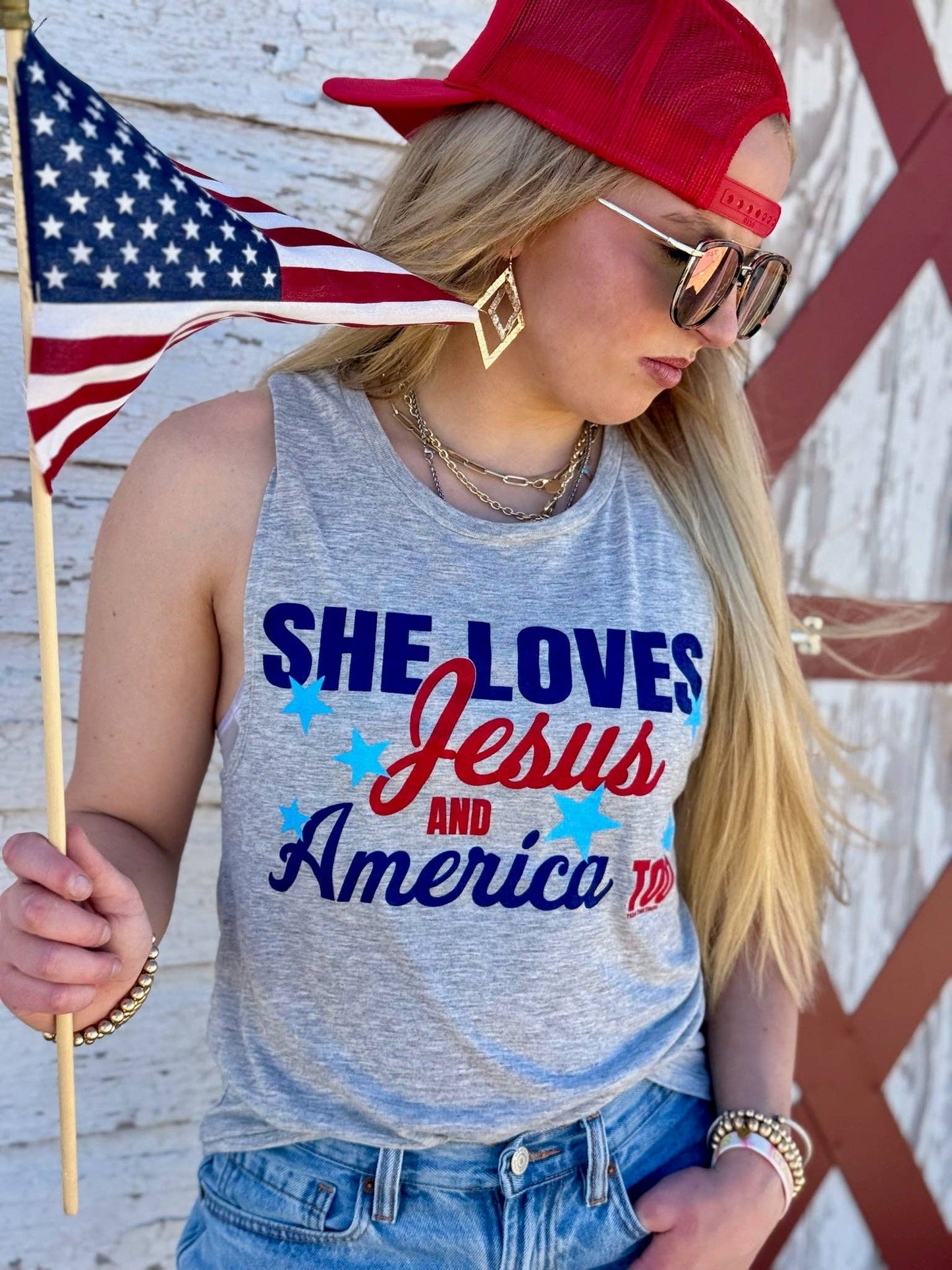 She Loves Jesus & America Too Tee & Tank: White Fleck / Texas True