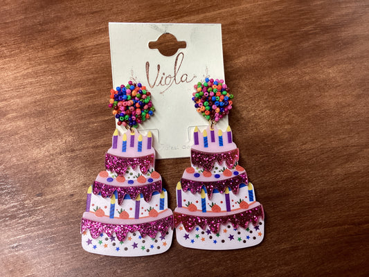 Multi color beaded earrings w/acrylic birthday cake