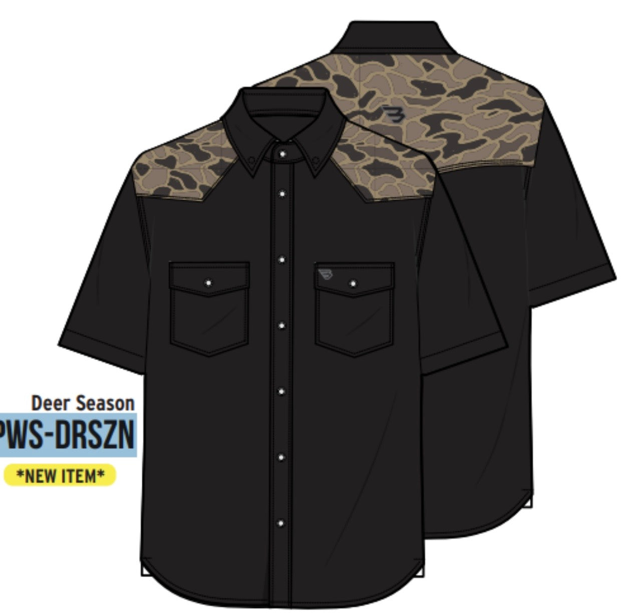 Deer SNZ Black and Gauge Camo Performance Western Shirt with Pearl Snaps Tx/ Fl Y-PWS-DRSZN