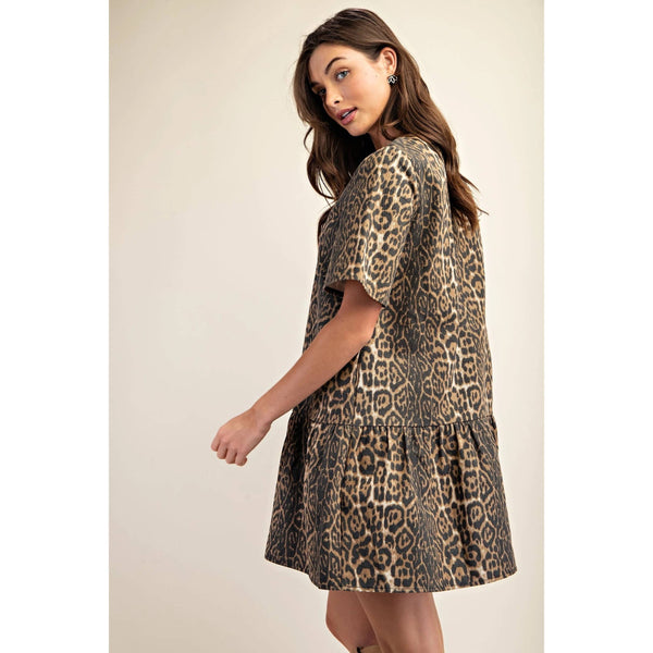 Leopard Print Denim Mini Dress w_Zipper n Pockets BNS Gigio