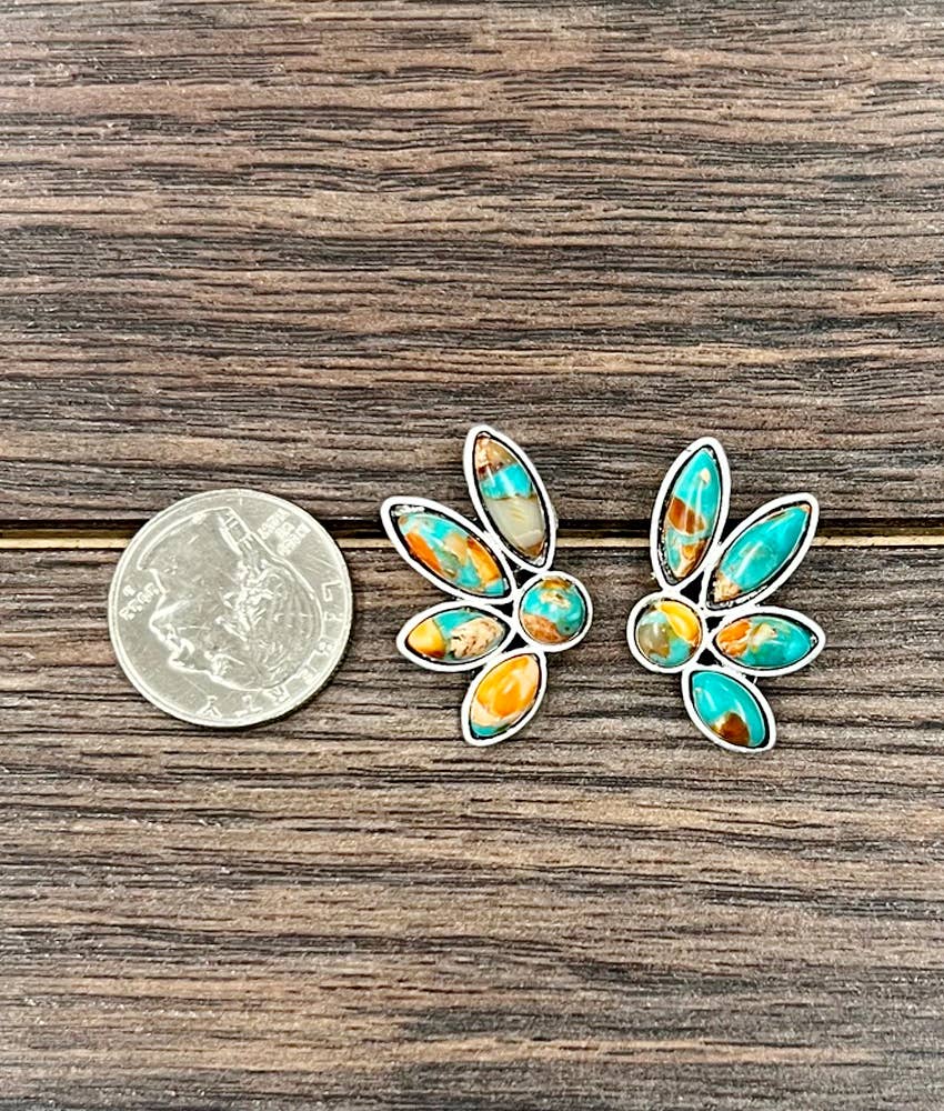 Western Half Flower Gemstone 1.2” Stud Earrings Turquoise and Orange 726394 Isac
