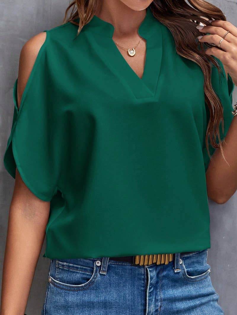 V-NECK STYLISH SLEEVED WOMEN'S BLOUSE: RED Lily Clothing