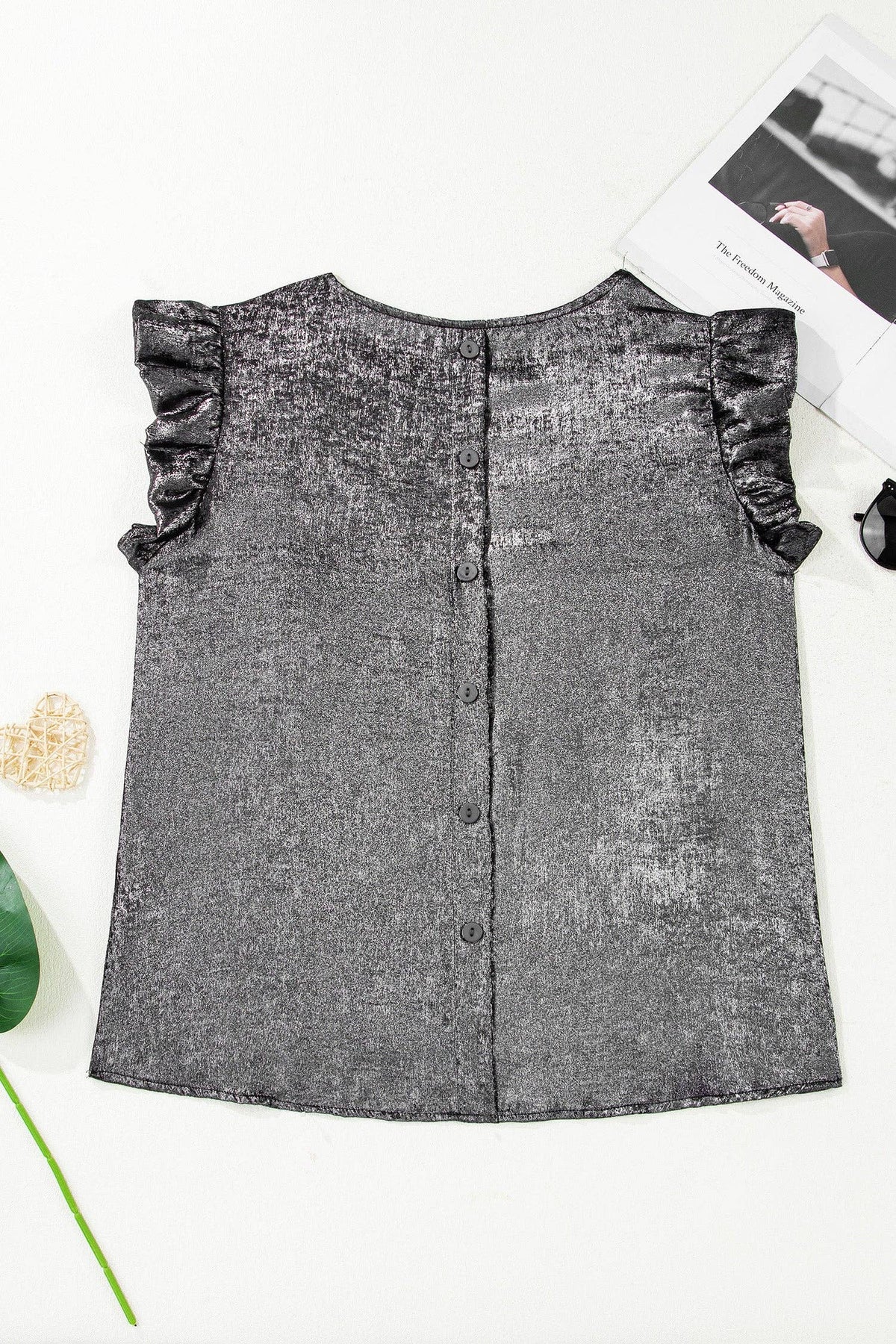 Metallic Ruffle Trim Sleeveless Round Neck Top: Silvery / M
