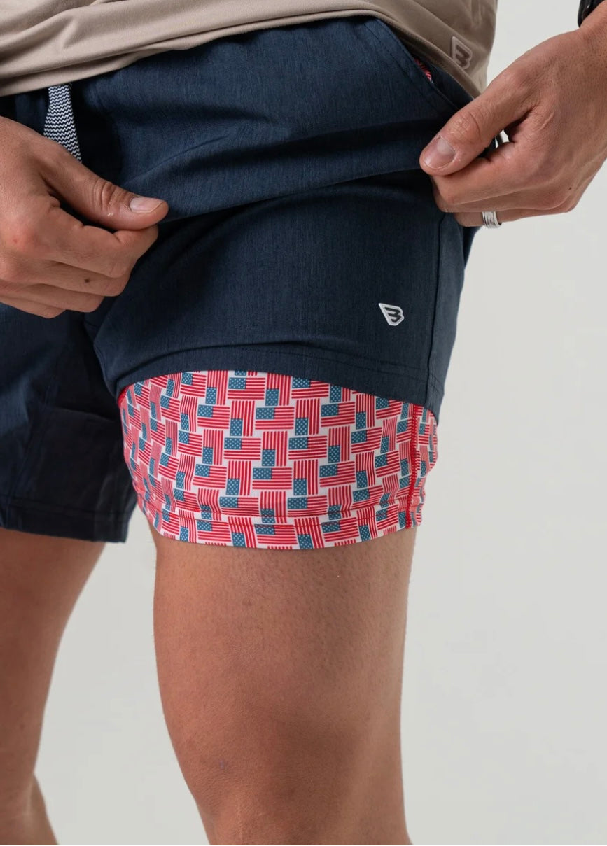 Burlebo Athletic Shorts Heather Navy with American Flag liner
