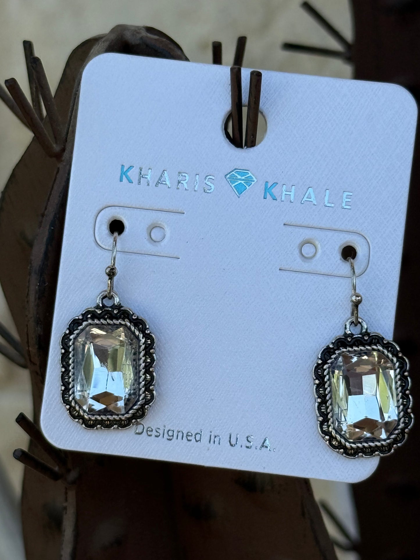 Crystal and Silver Tone Rectangle Kharis Khale Earrings