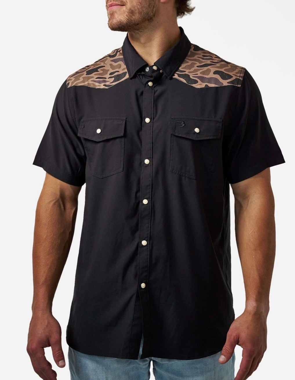 Deer SZN Burlebo Black/Gauge Camo Performance Western Shirt with Pearl Snaps Tx/Fl PWS-DRSZN