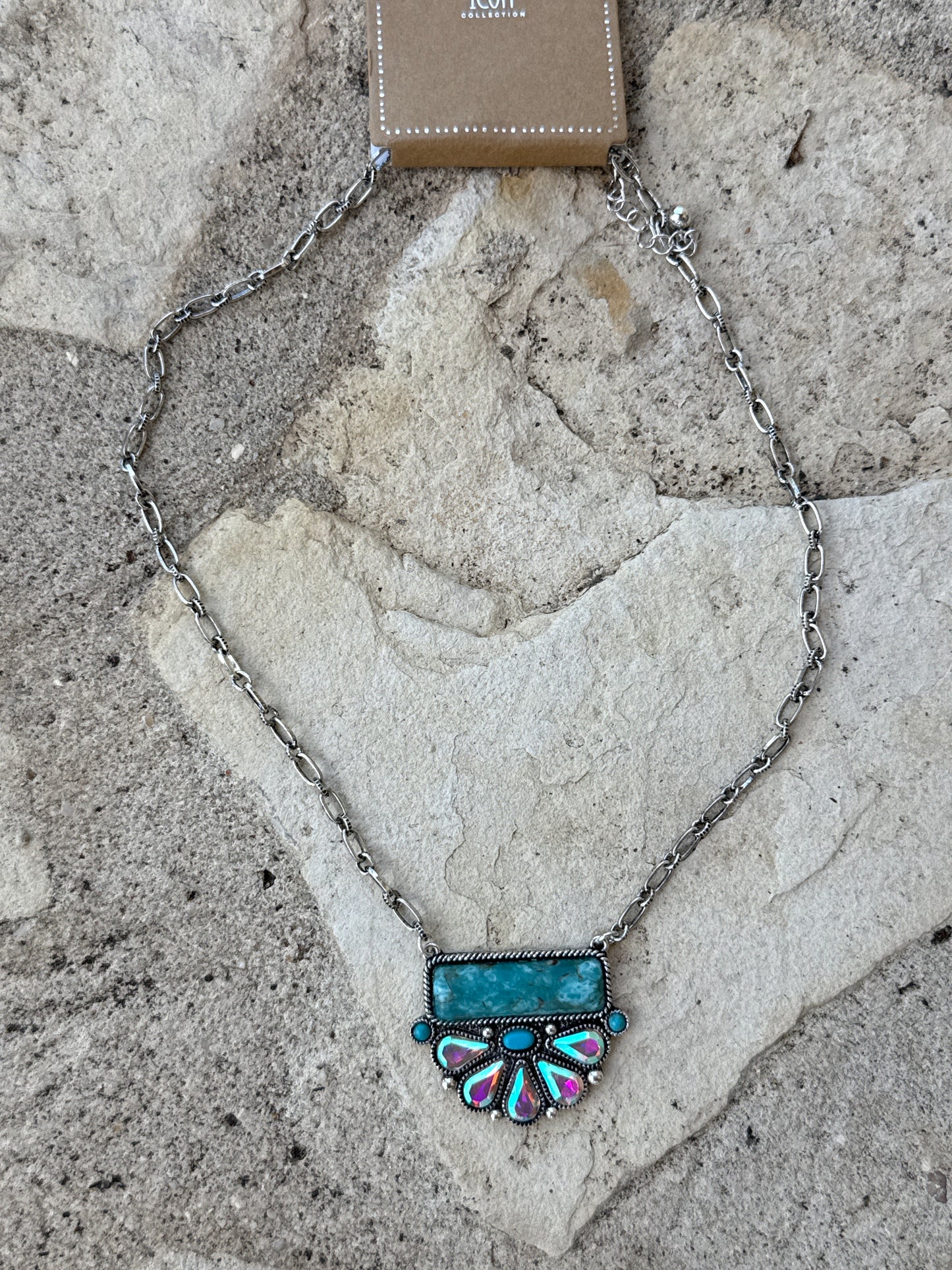 Turquoise Bar with Crystaled Half Flower Icon Necklace