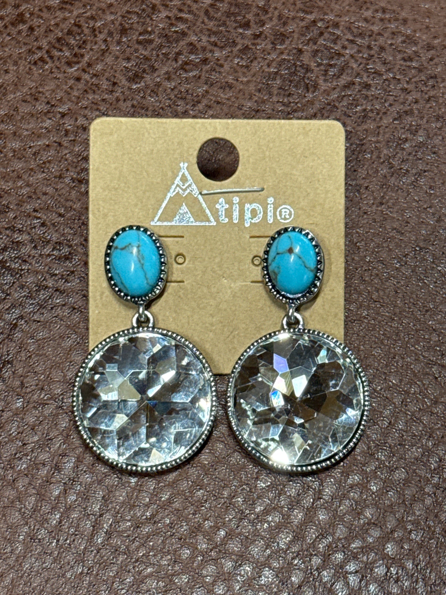 Round Turquoise and Clear Crystal Tipi Earrings