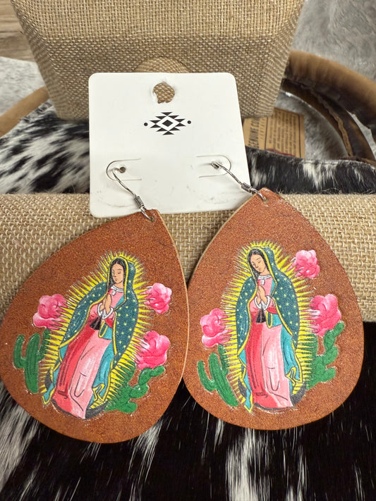 Virgin Mary Leather Earrings