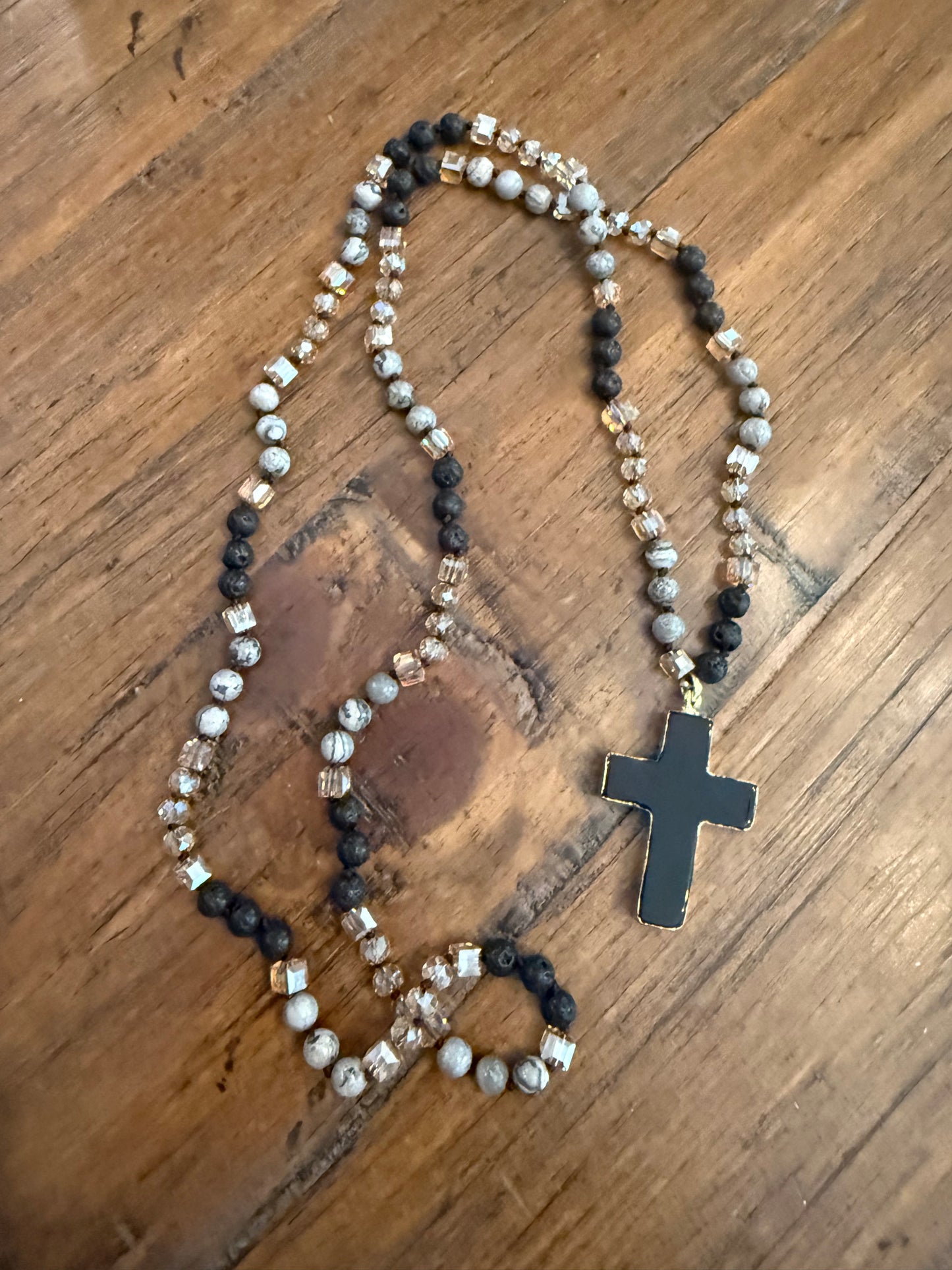 Natural Stone knotted Necklace. Cross or Oval
