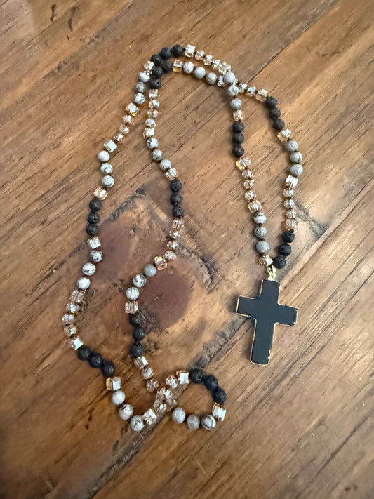 Natural Stone knotted Necklace. Cross or Oval