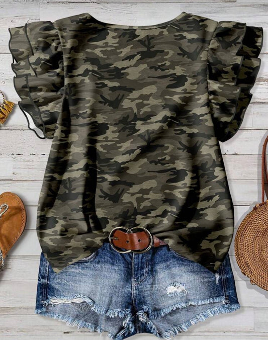 Camouflage Ruffle Sleeve Blouse  Plus Size   ER