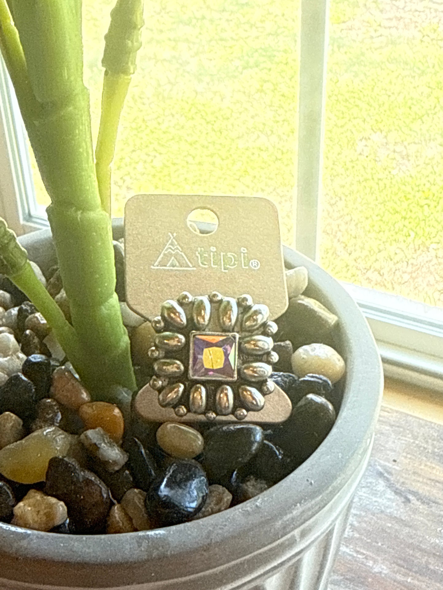 Square Gun Metal With Iridescent Stone Tipi Adjustable Ring