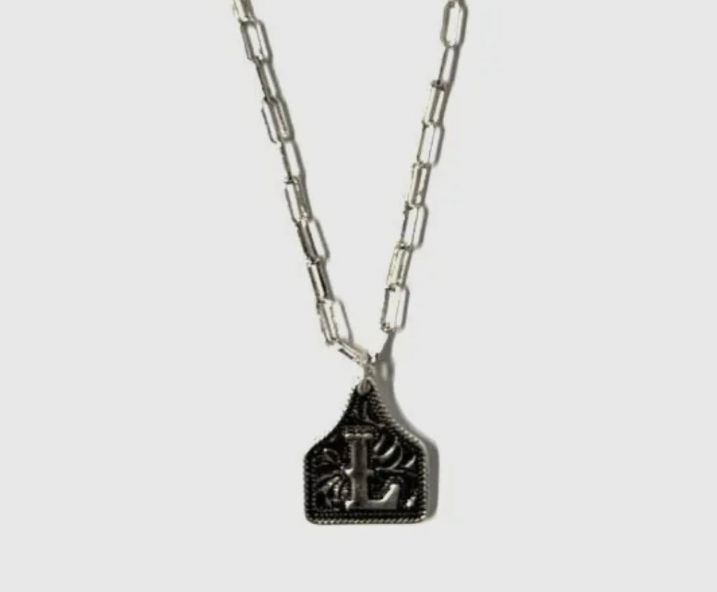 Tooled Cattle Tag Initial necklace