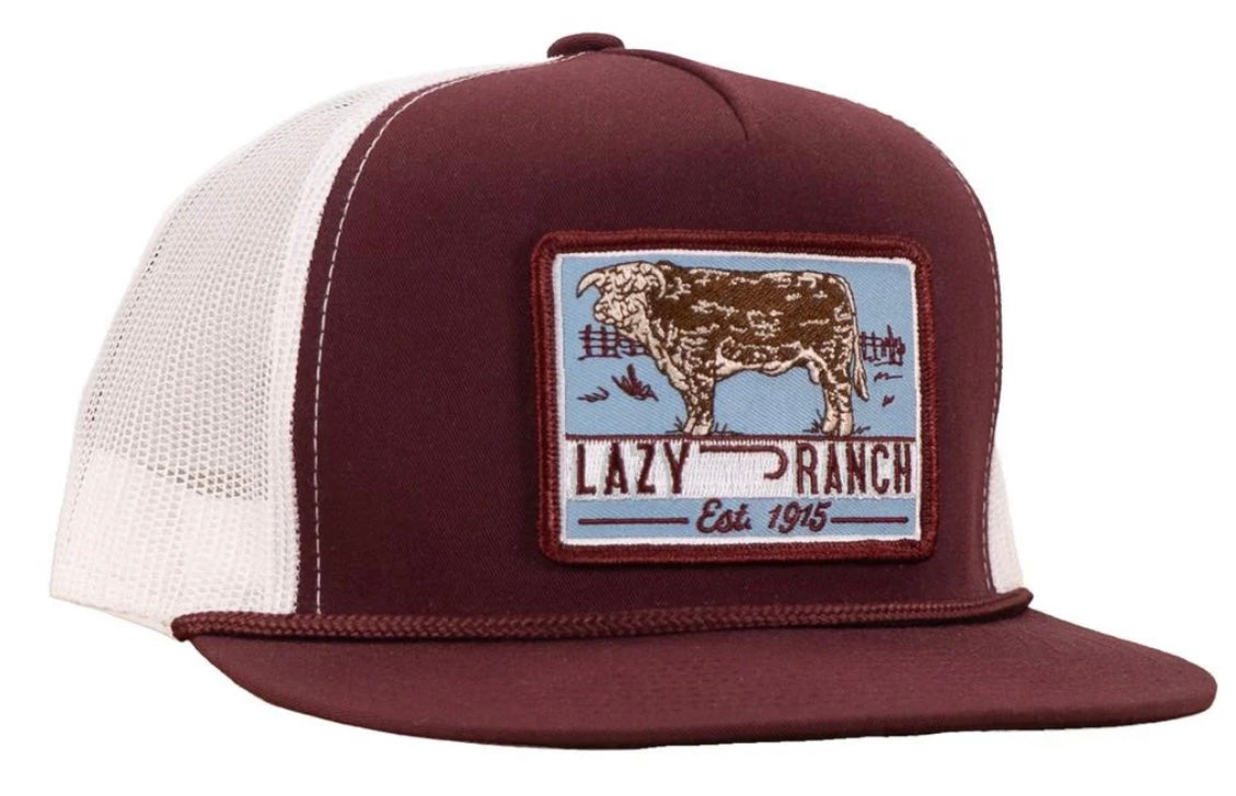 LAZY J RANCH MAROON & WHITE BLUE BULL TRAP PATCH CLASSIC FIVE PANEL TRUCKER HAT