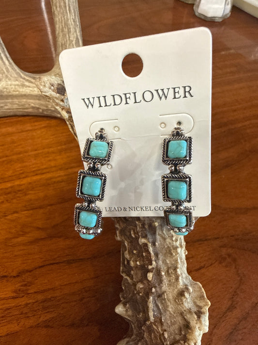 Square Turquoise Stone Wildflower Hoop Earrings