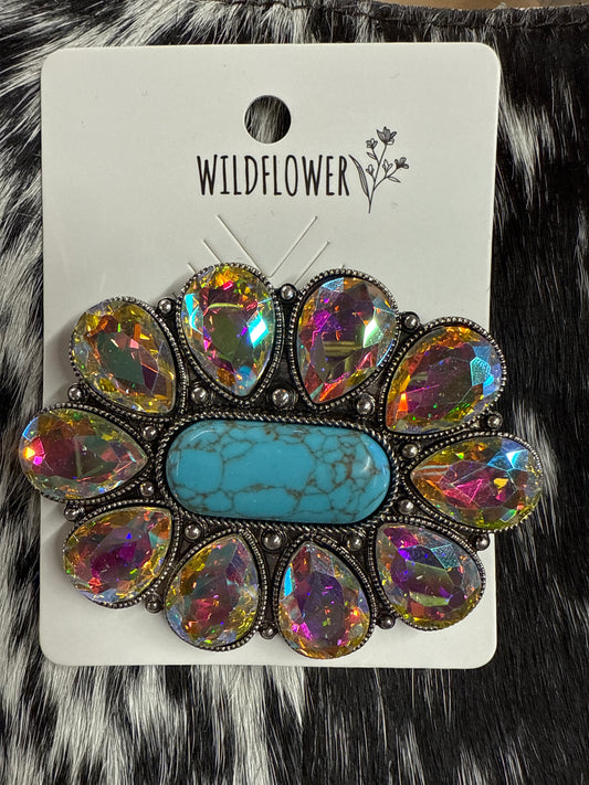 Western Blinged And Turquoise Brooch
