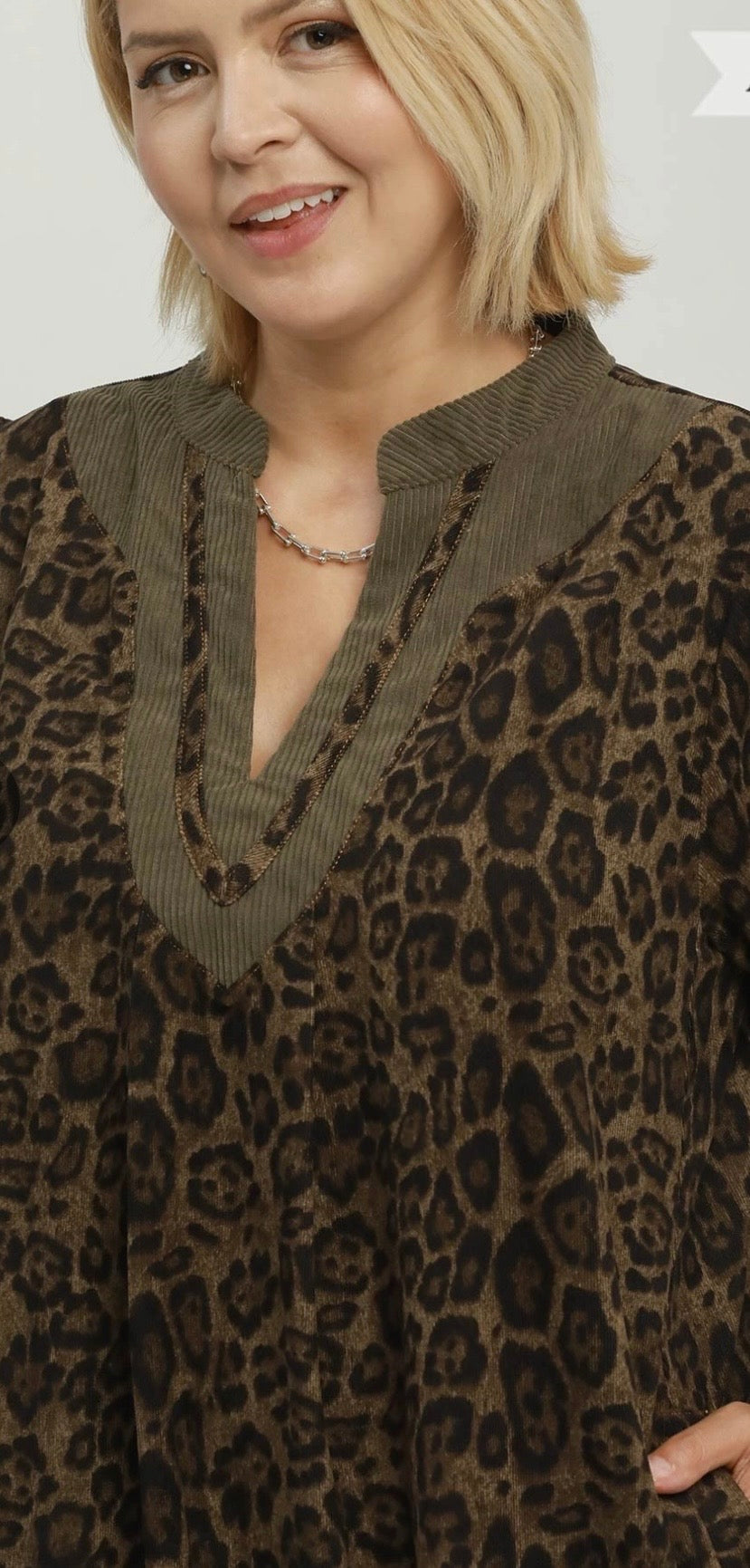 Olive Leopard Print Puff Sleeve Tunic Dress Umgee