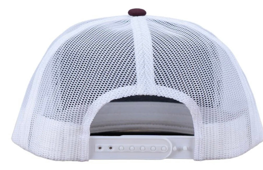 LAZY J RANCH MAROON & WHITE BLUE BULL TRAP PATCH CLASSIC FIVE PANEL TRUCKER HAT