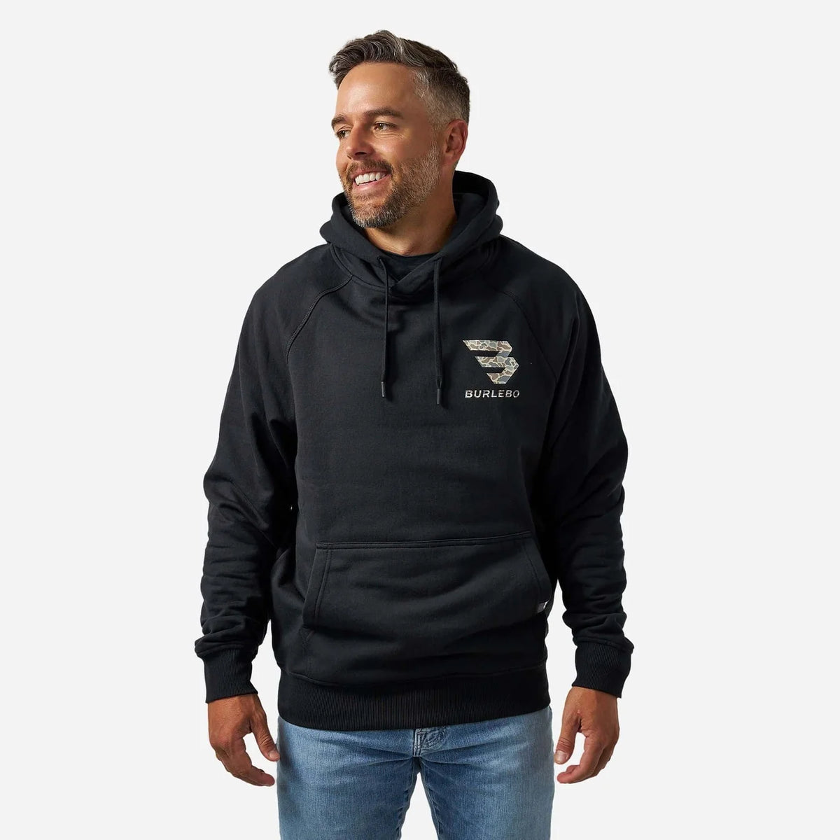 Flying B Fleece Burlebo Hoodie Black with Classic Deer Camo Logo TX FH-FBL-BLK