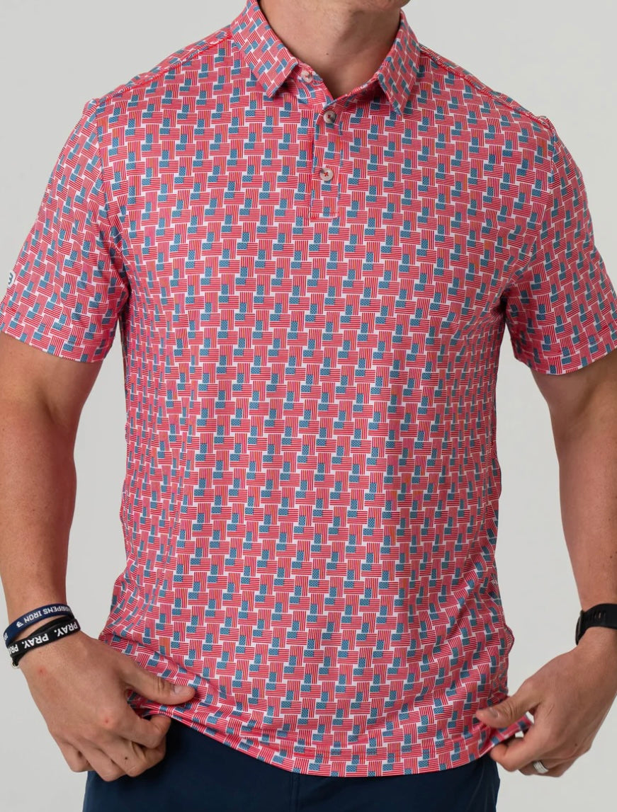 American Flag Print Performance Polo Burlebo