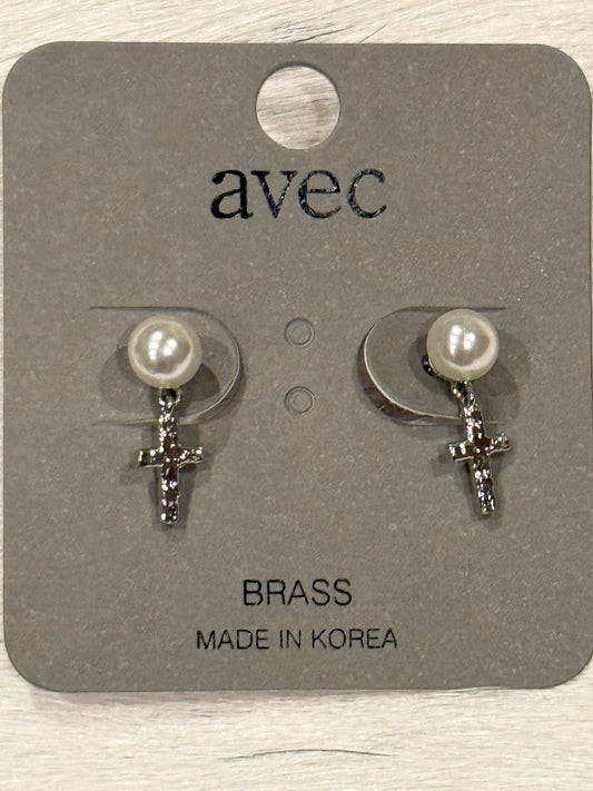 Tiny Pearl and Cross Stud Earrings by Avec