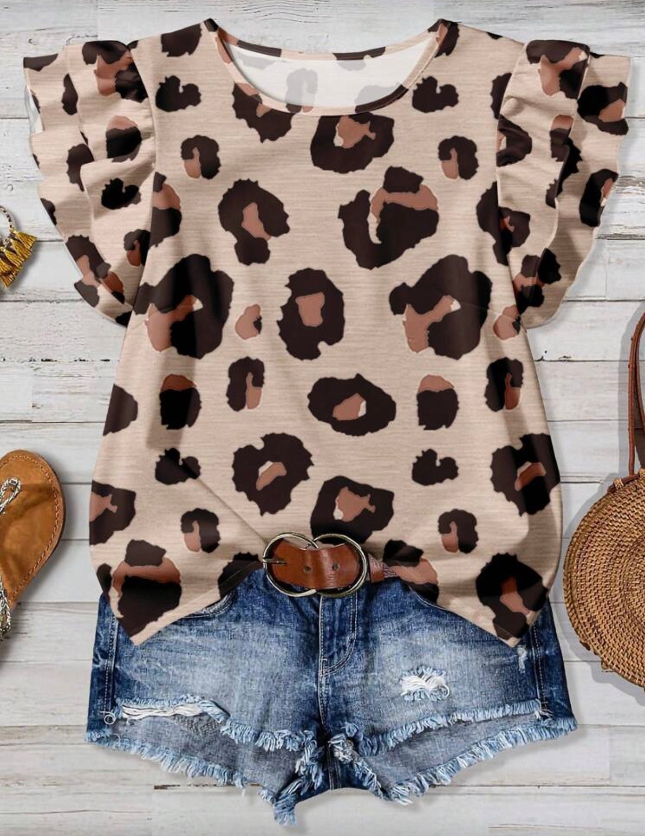 Leopard Ruffle Sleeve Blouse Plus Size ER