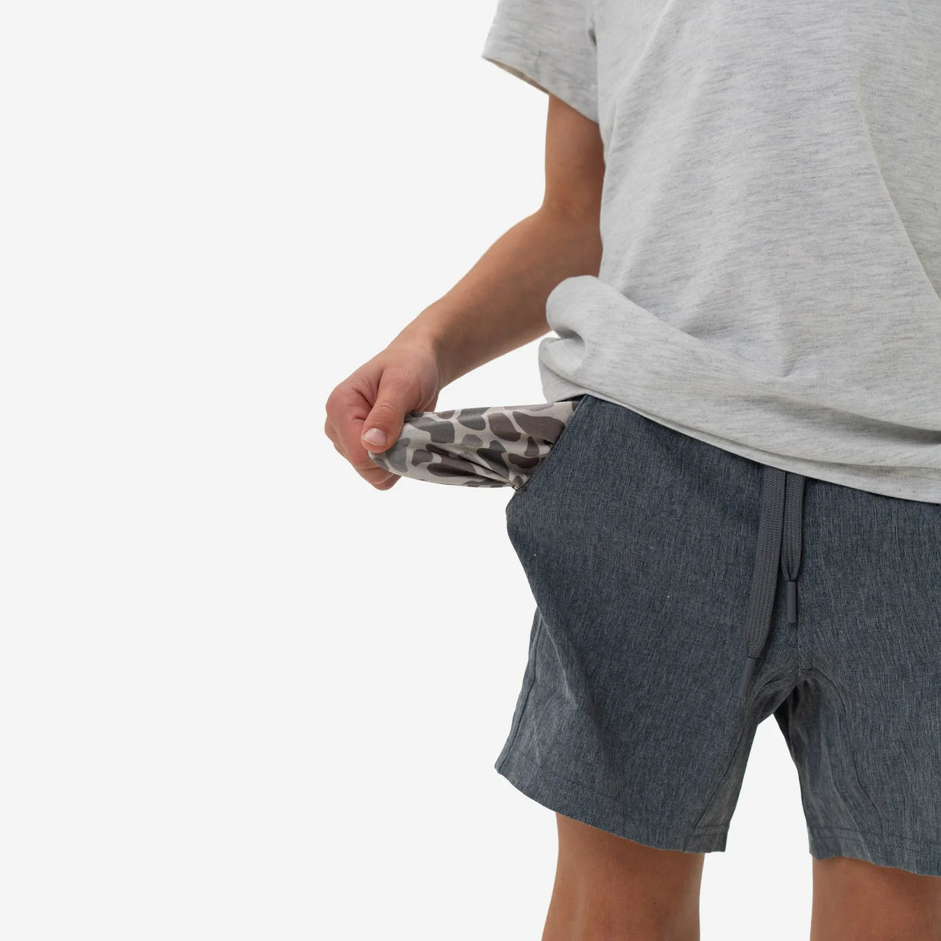 Grizzly Grey Youth Burlebo Athletic Shorts with Classic Deer Camo waistband and pocket