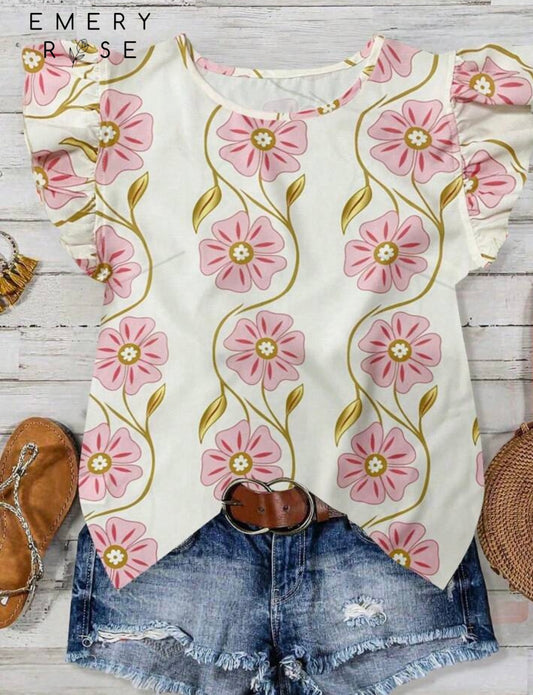 Pink and White Floral Ruffle Sleeve Top