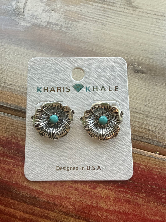 Silver Flower with Turquoise Bead Center Kharis Khale stud Earrings